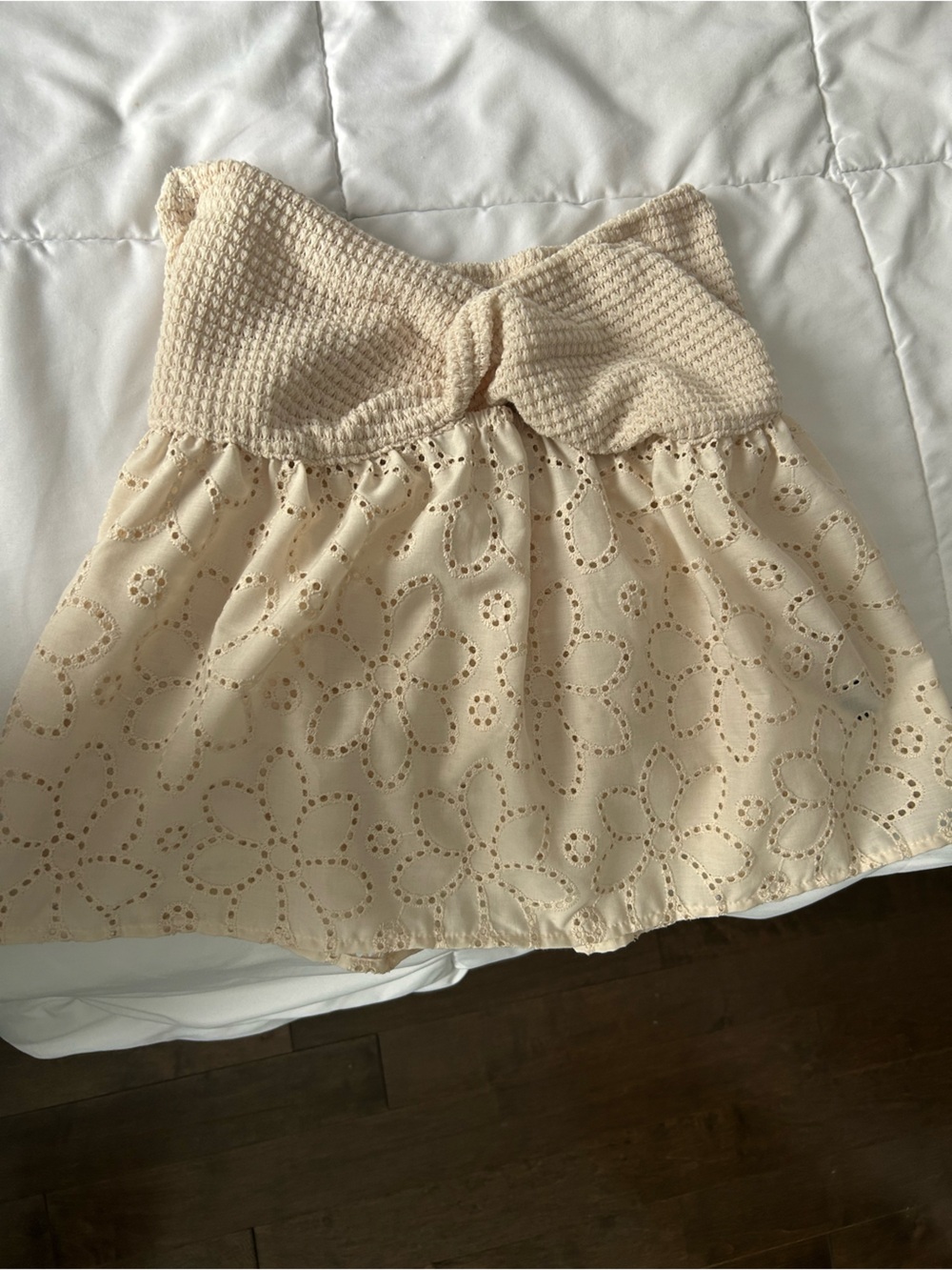 Cream Eyelet Tube Top with Knotted Waffle Hem